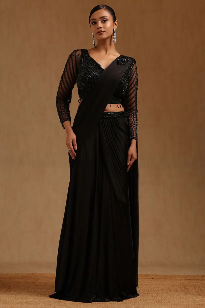 Black Spandex Solid Ready To Wear Saree